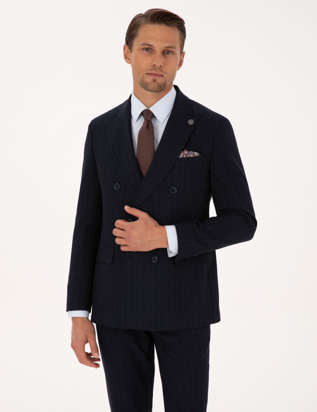 Lacivert Extra Slim Fit _izgili Kruvaze Tak_m Elbise