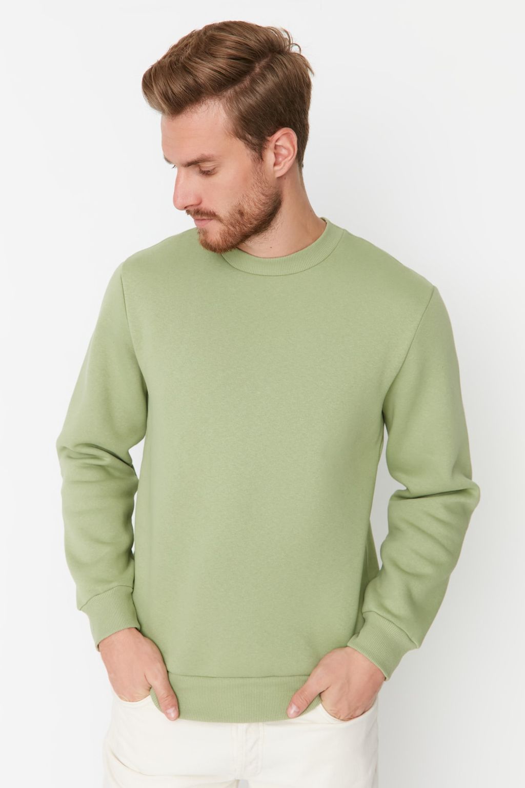 Yesil Bisiklet Yaka Regular/Normal Kesim Mistik Bask?l? Ici Polarl? Sweatshirt TMNAW23SW00303