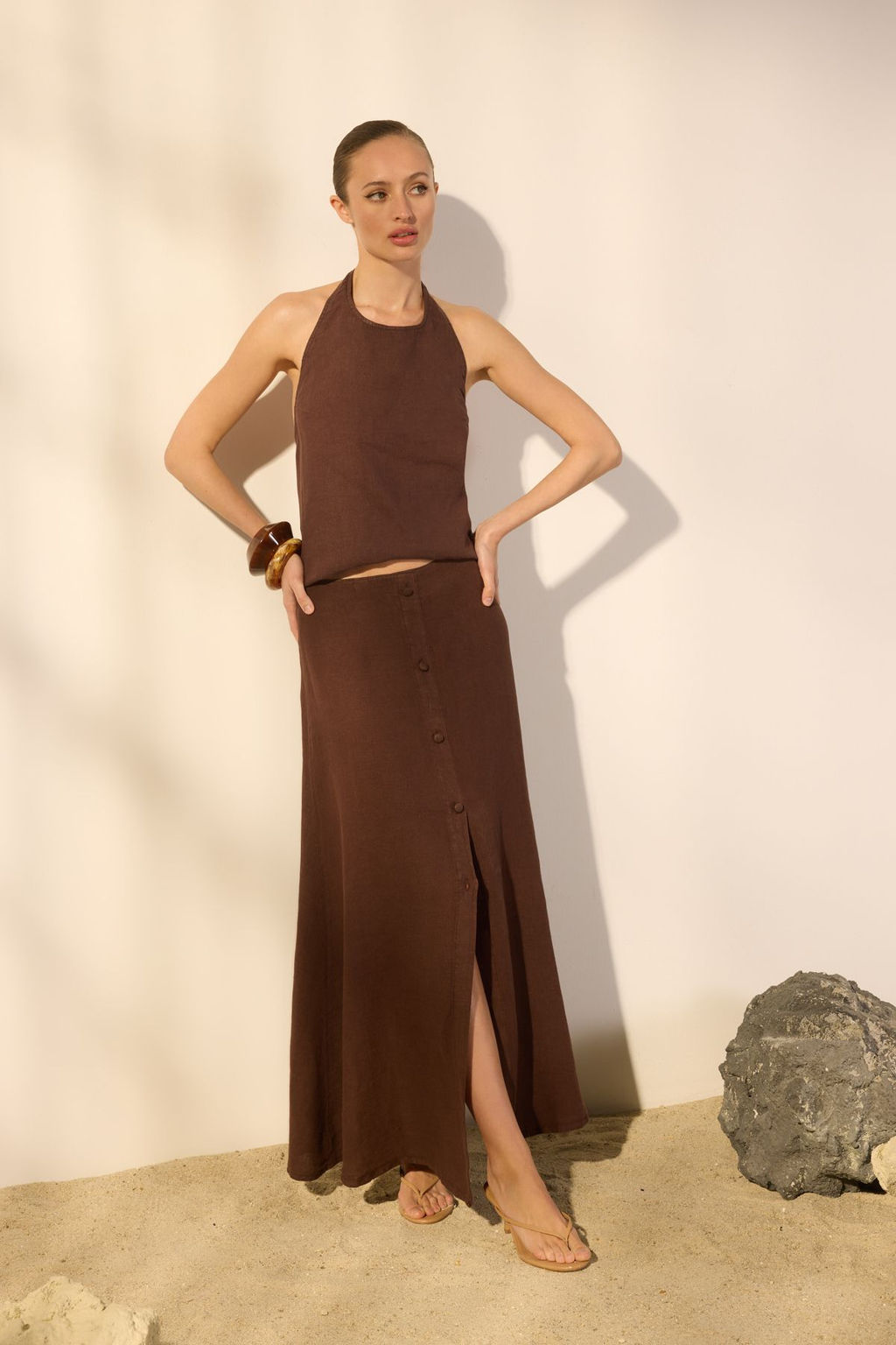 Trendyolmilla Kahverengi %100 Keten Dugme Detayl? Midi Etek TWOSS25ET00144 фото 2