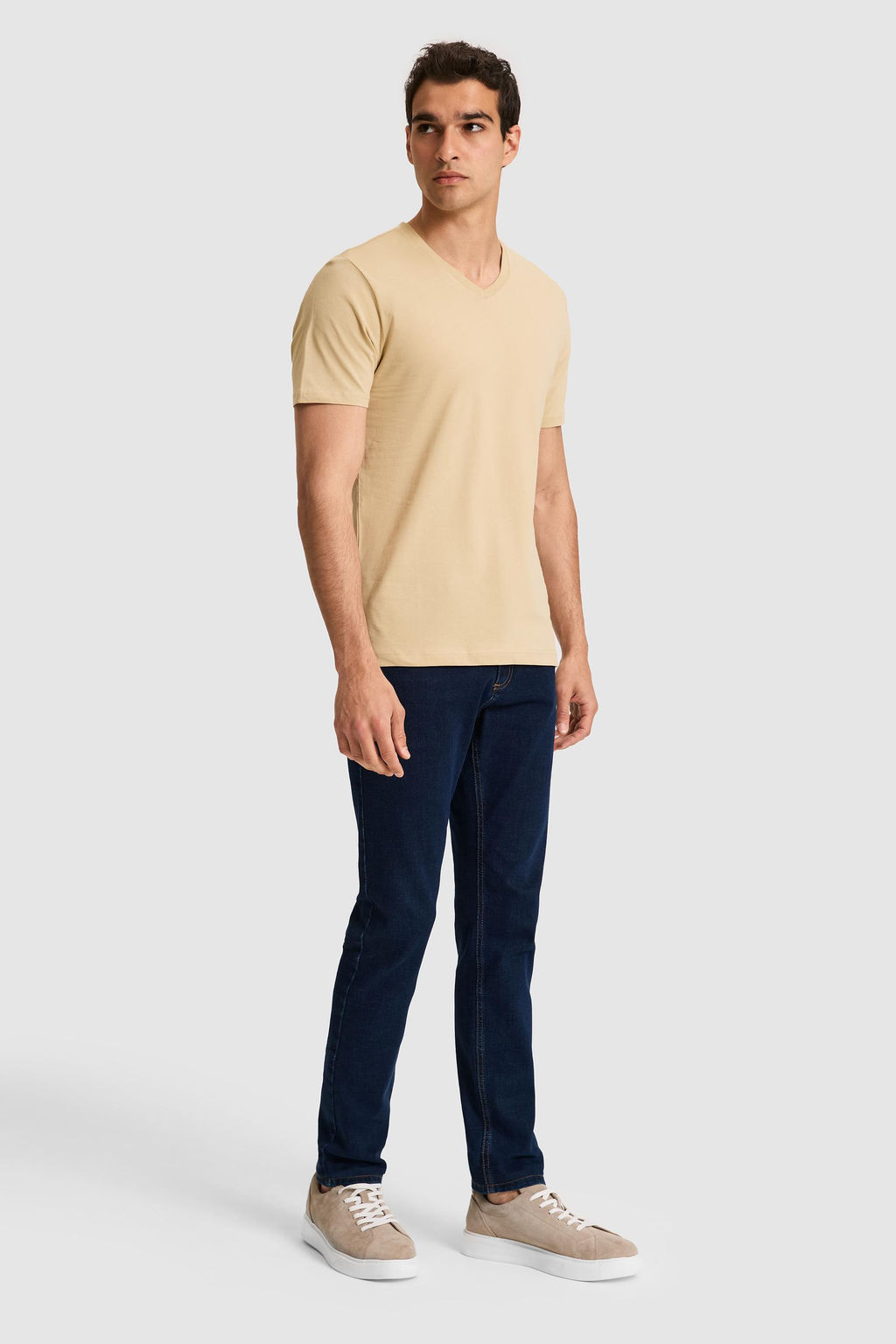 Erkek Regular Fit V Yaka Bej Basic Ti__rt