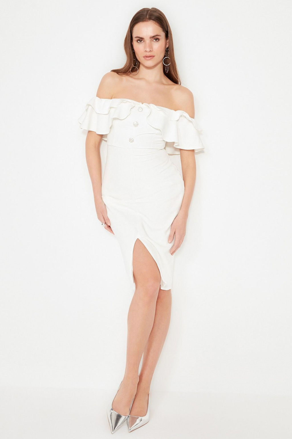 Bridal Ekru Astarl? Volanl? Dokuma Abiye Gece Elbise TPRSS21EL1403 - Trendyolmilla фото 4