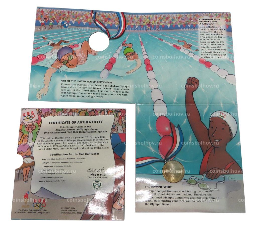 Монета 1/2 доллара (50 центов) 1996 года S США XXVI летние Олимпийские Игры в Атланте 1996  Плавание (в подарочном буклете)