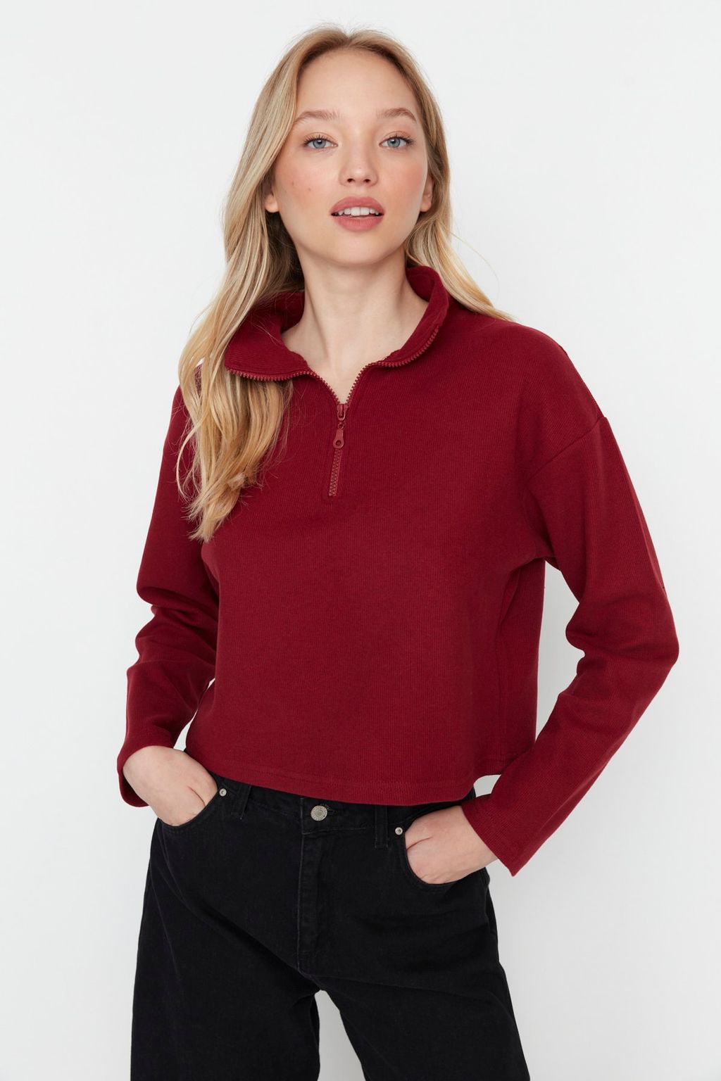 Bordo Selanik/Triko Gorunumlu Fermuarl? Yaka Regular/Normal Kal?p Orme Sweatshirt TWOAW22SW0732