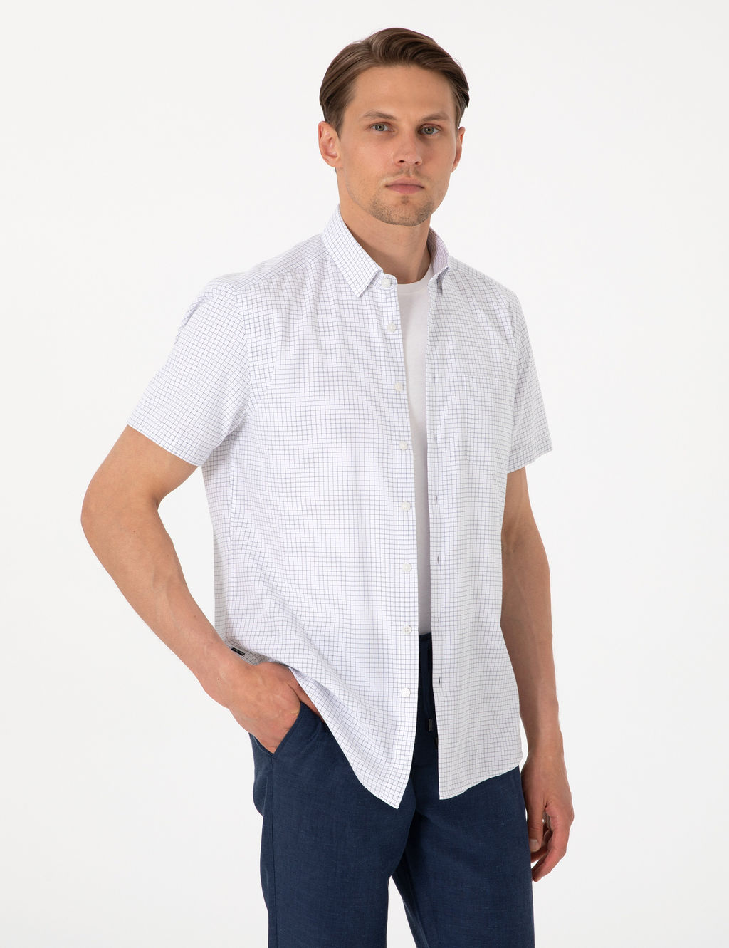 Lacivert Kareli Regular Fit K_sa Kollu G_mlek