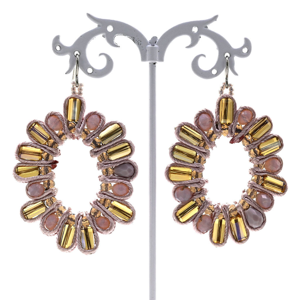 Серьги ручной работы Солнце с цирконами в оплетении цв.розовый