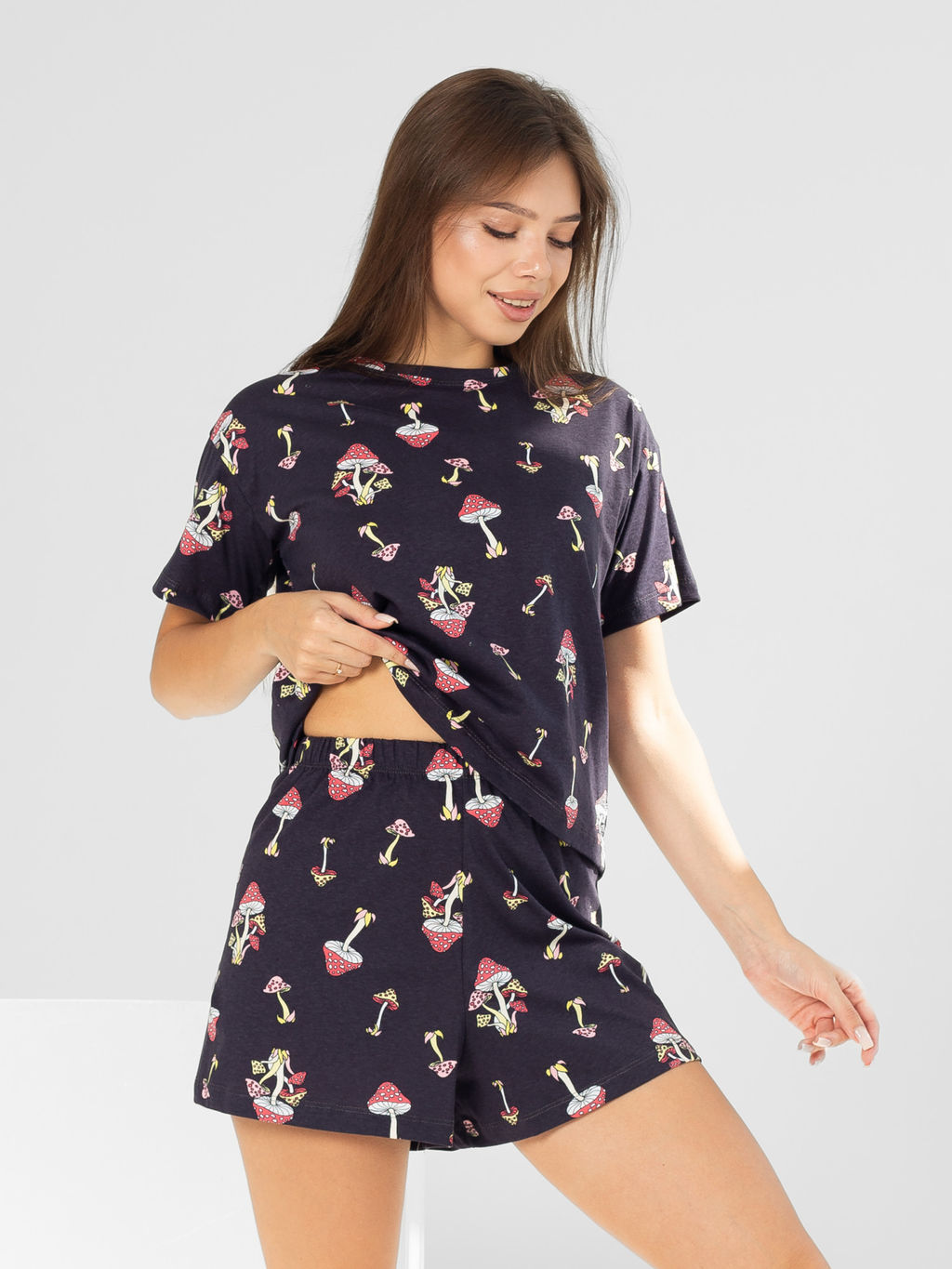 Пижама женская кулирка с шортами "ГРИБОЧКИ" ЧЕРНИЛО