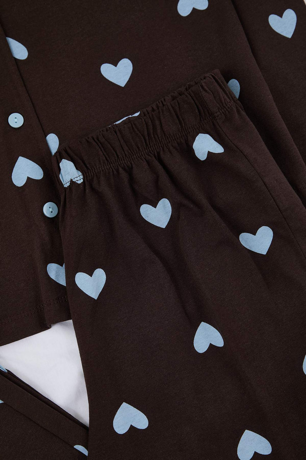 Kahverengi-Mavi %100 Pamuklu Kalp Desenli Orme Pijama Tak?m? THMAW21PT0548