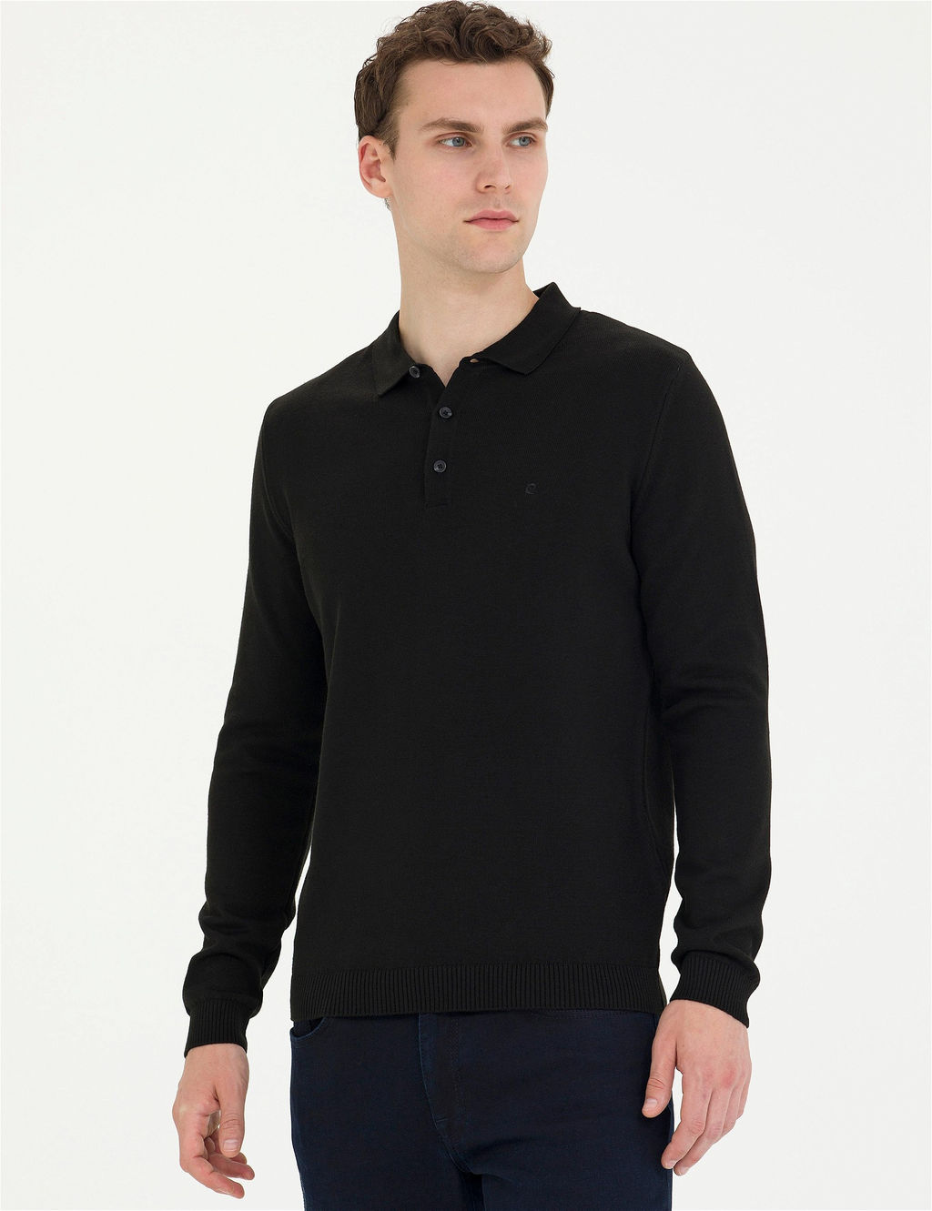 Siyah Slim Fit Polo Yaka Basic Triko Kazak