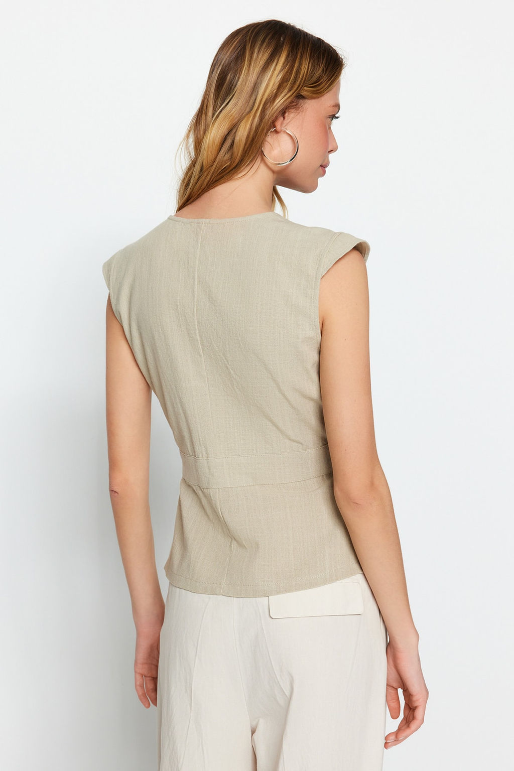 Gri Dokuma Kemik Dugme Detayl? Kruvaze Dokuma Bluz TWOSS20BZ0707