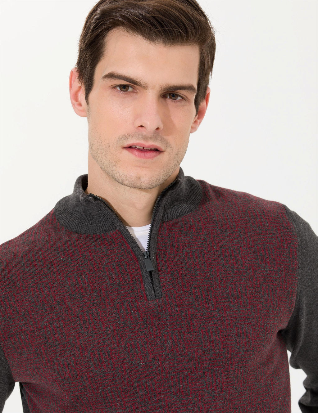 Gri Melanj Slim Fit Fermuarl_ Dik Yaka Triko Kazak - Pierre cardin фото 2