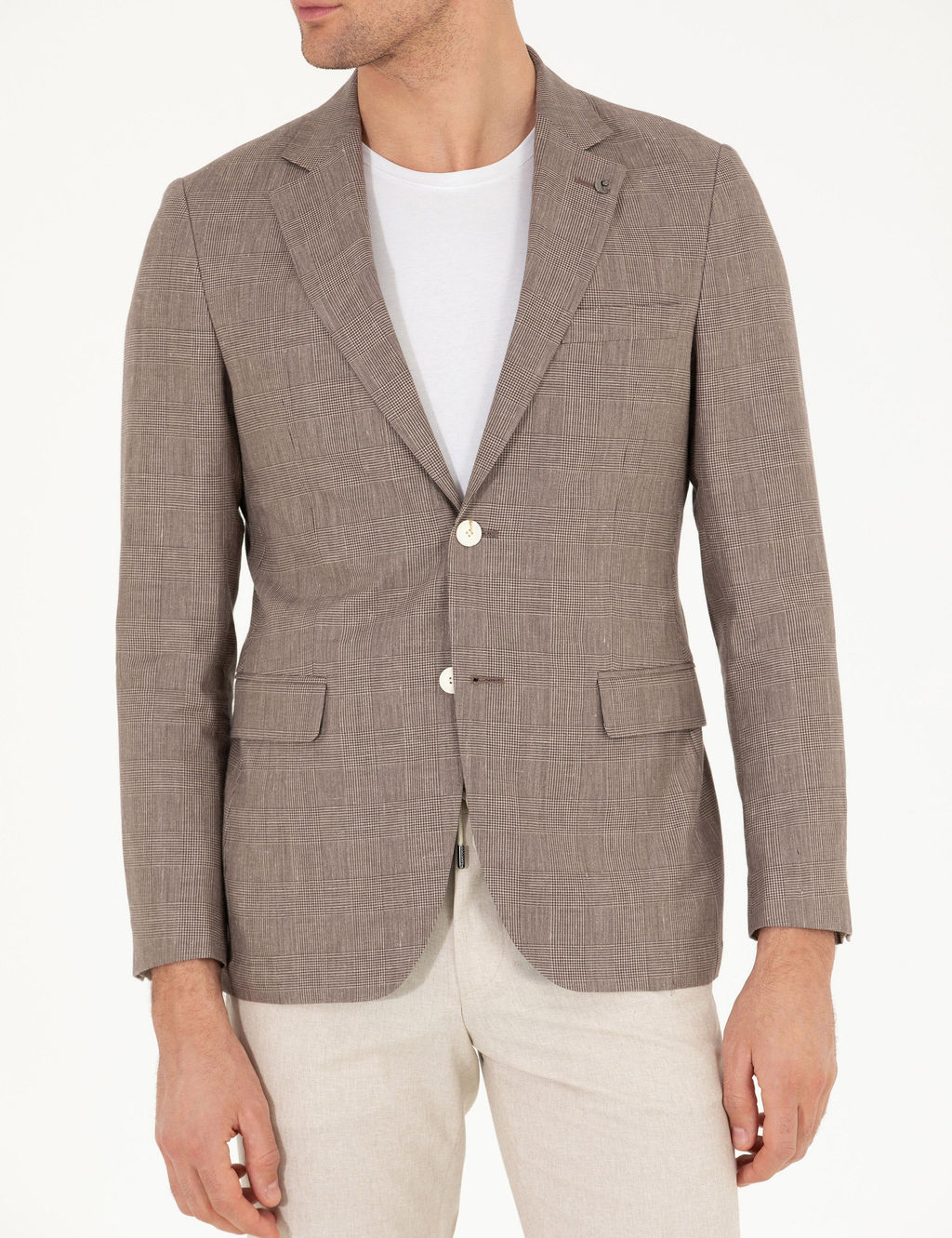 Kahverengi Slim Fit Keten Kar___ml_ Ceket