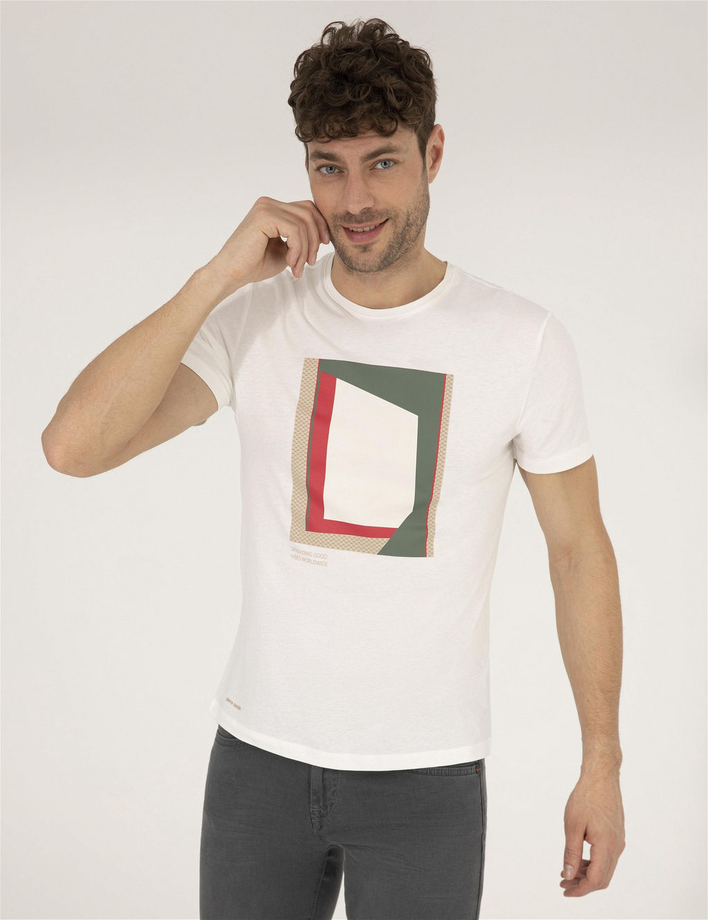 Ekru Slim Fit Bask_l_ Bisiklet Yaka Ti__rt
