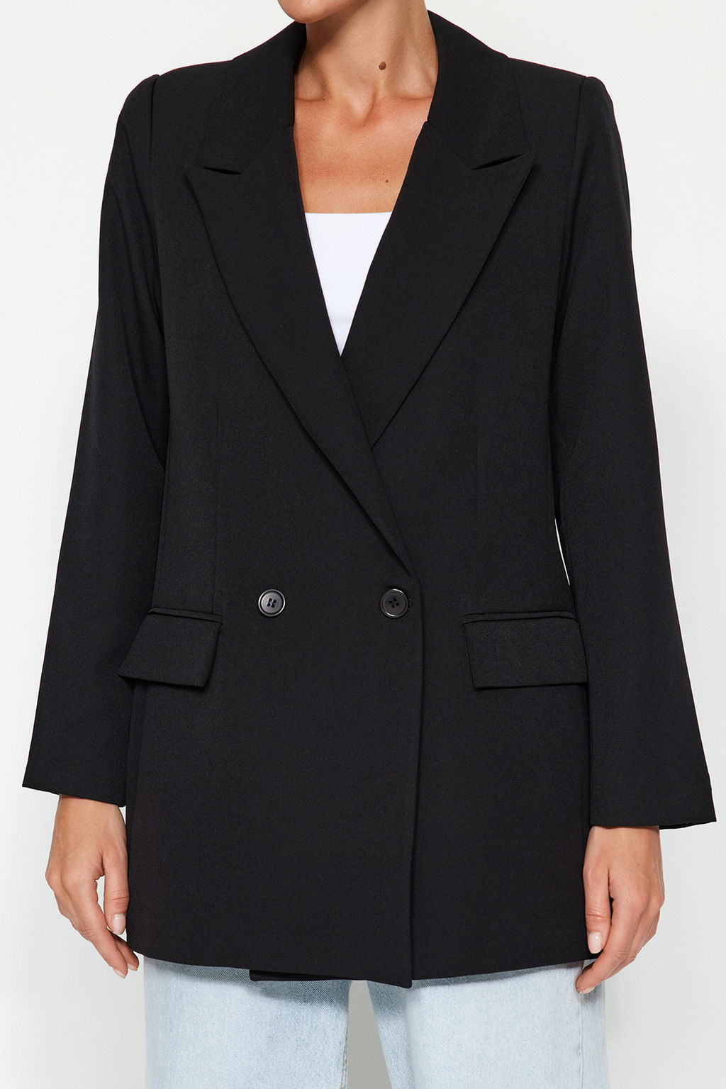 Siyah Regular Astarl? Kruvaze Kapama Dokuma Blazer Ceket TWOSS20CE0059