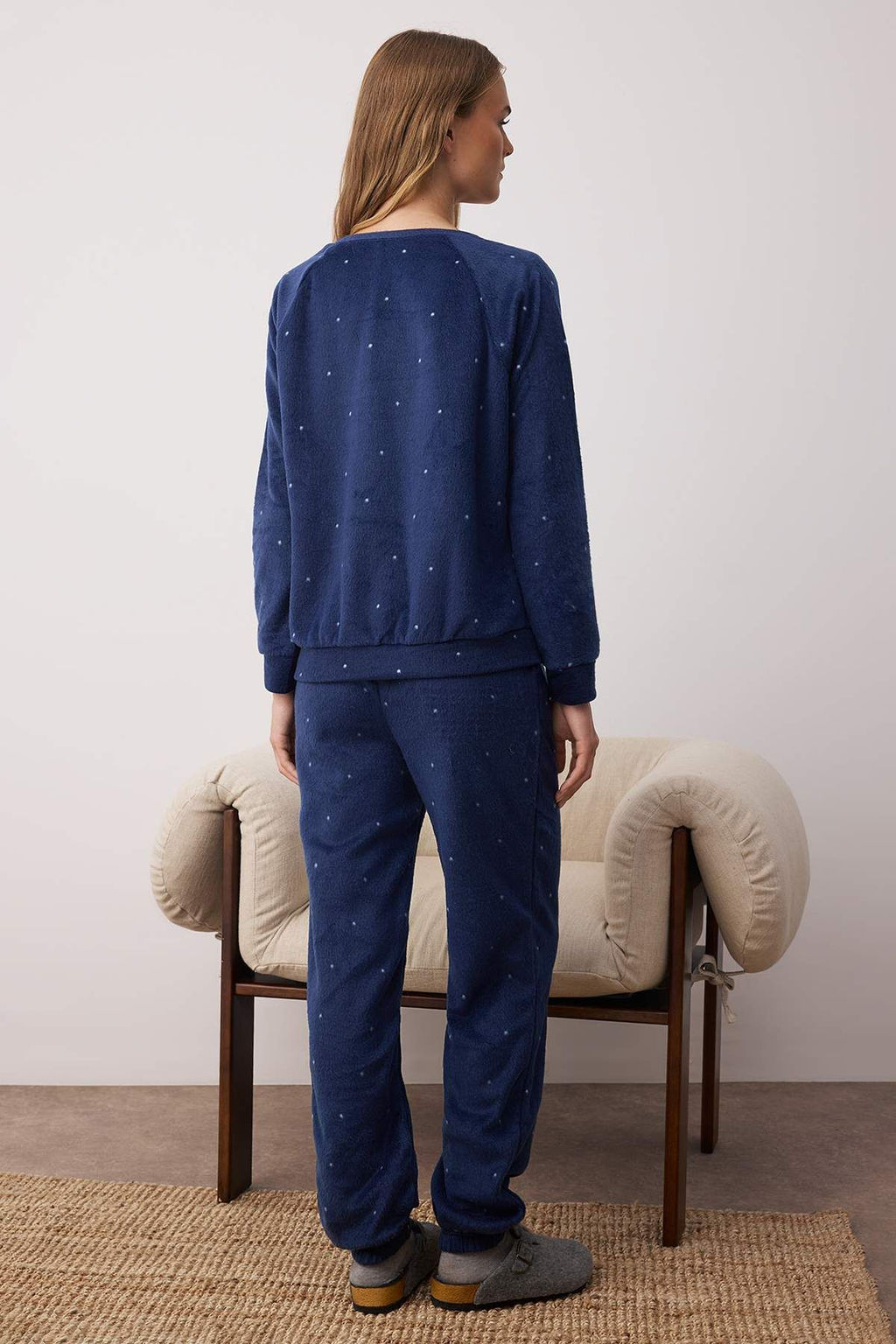 Lacivert Puantiyeli Polar K?sl?k Orme Pijama Tak?m? THMAW24PT00032