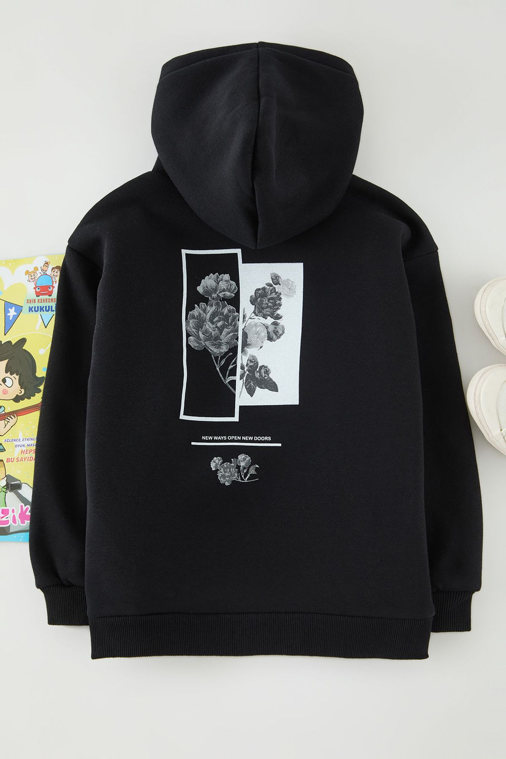 Siyah Erkek Cocuk Duz Orme Mini Me S?rt Bask?l? Sweatshirt TKDAW25SW00117