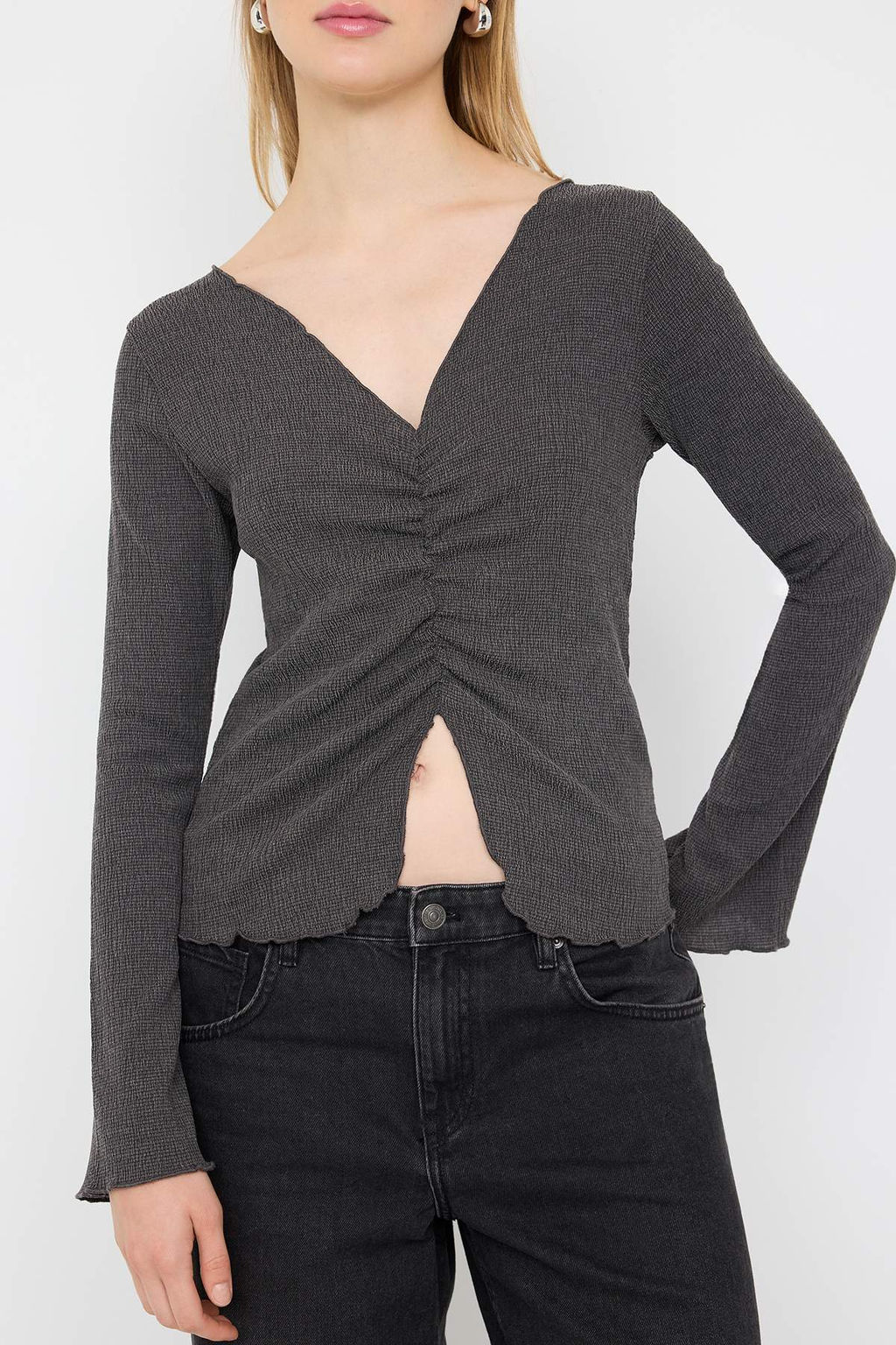 Teen Antrasit Buzgu/Drape Detayl? Dokulu Slim Orme Bluz TWOAW26BZ00027 - Trendyolmilla фото 3