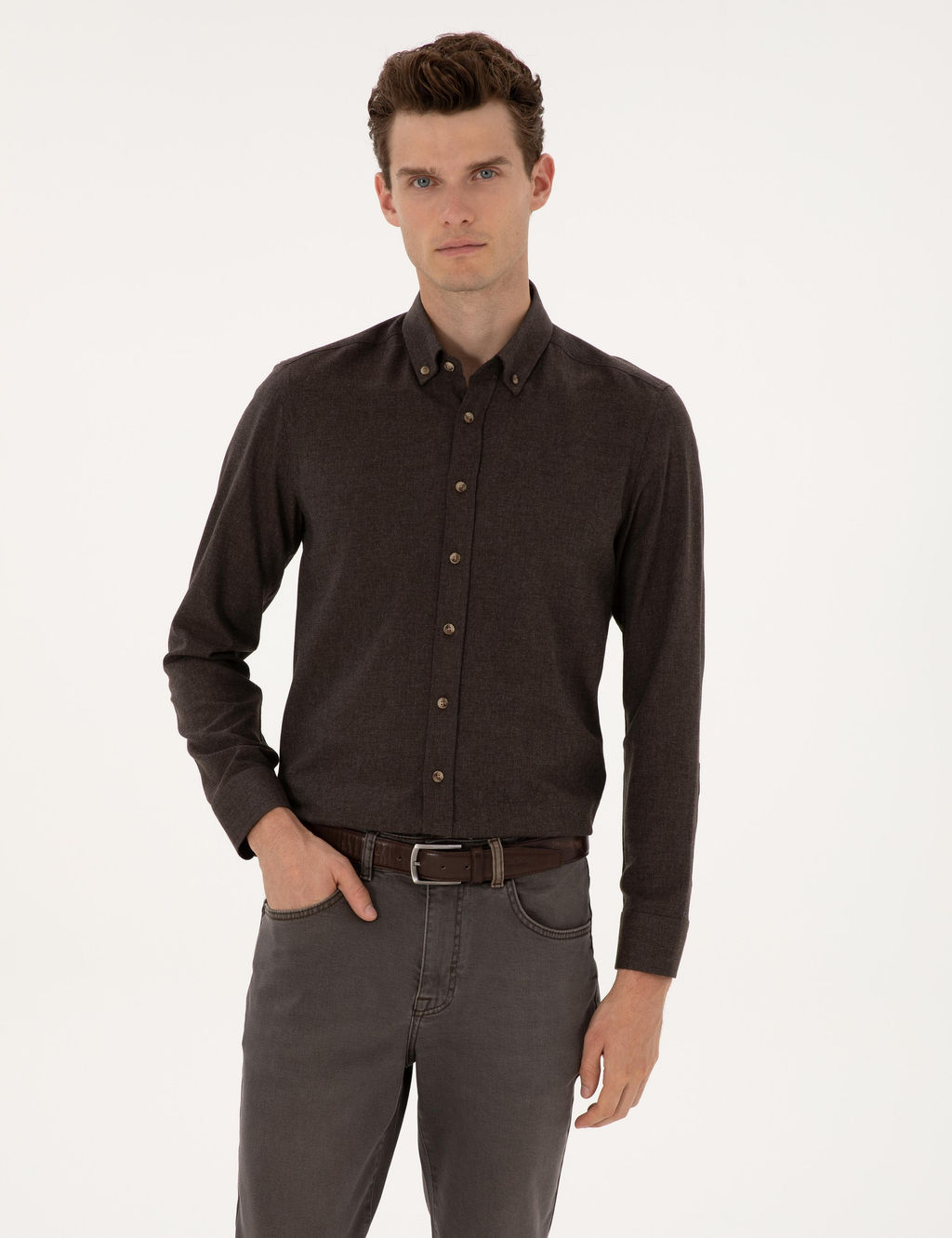 Kahverengi Flanel Dokulu Slim Fit Uzun Kollu G_mlek
