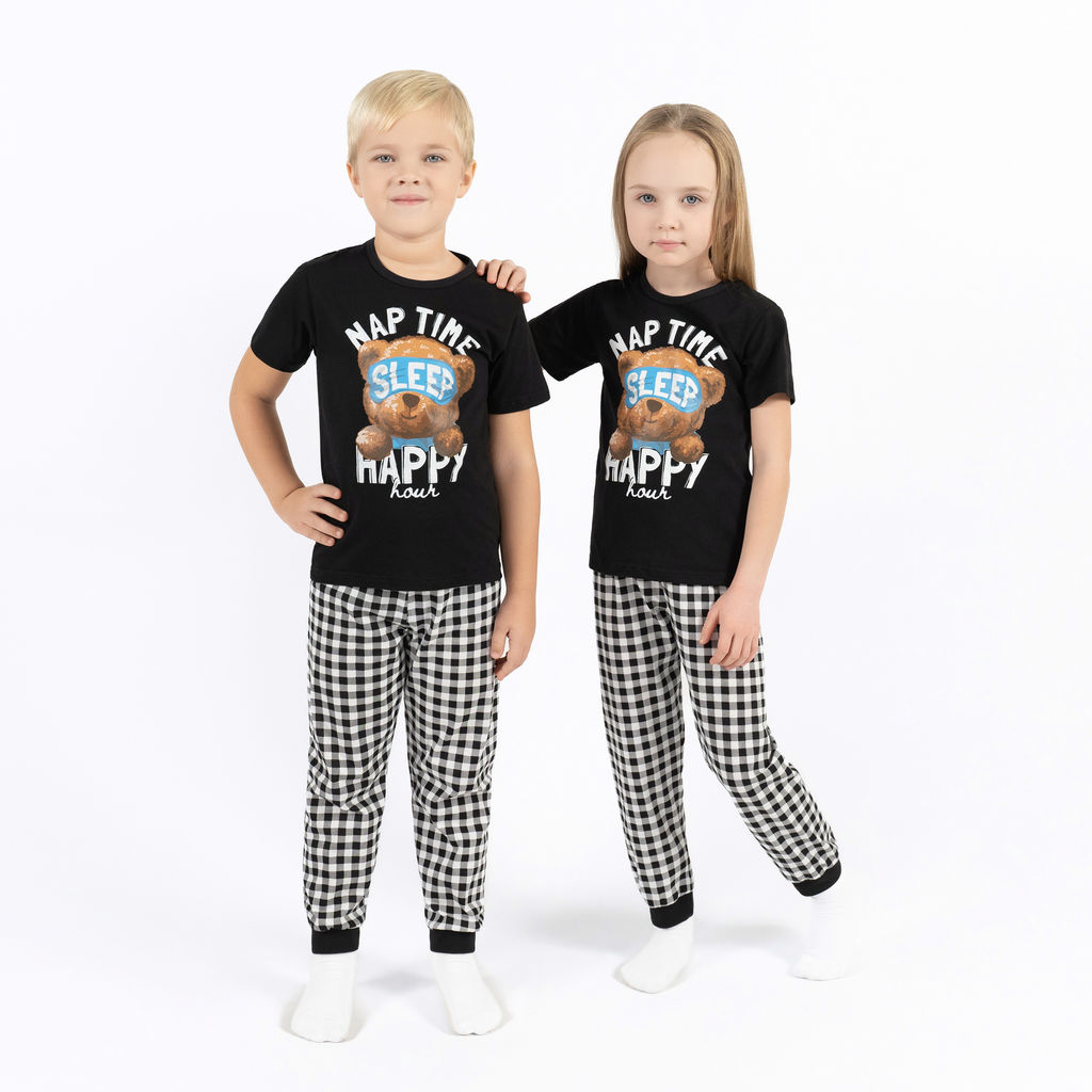 Пижама детская черная клетка принт мишка