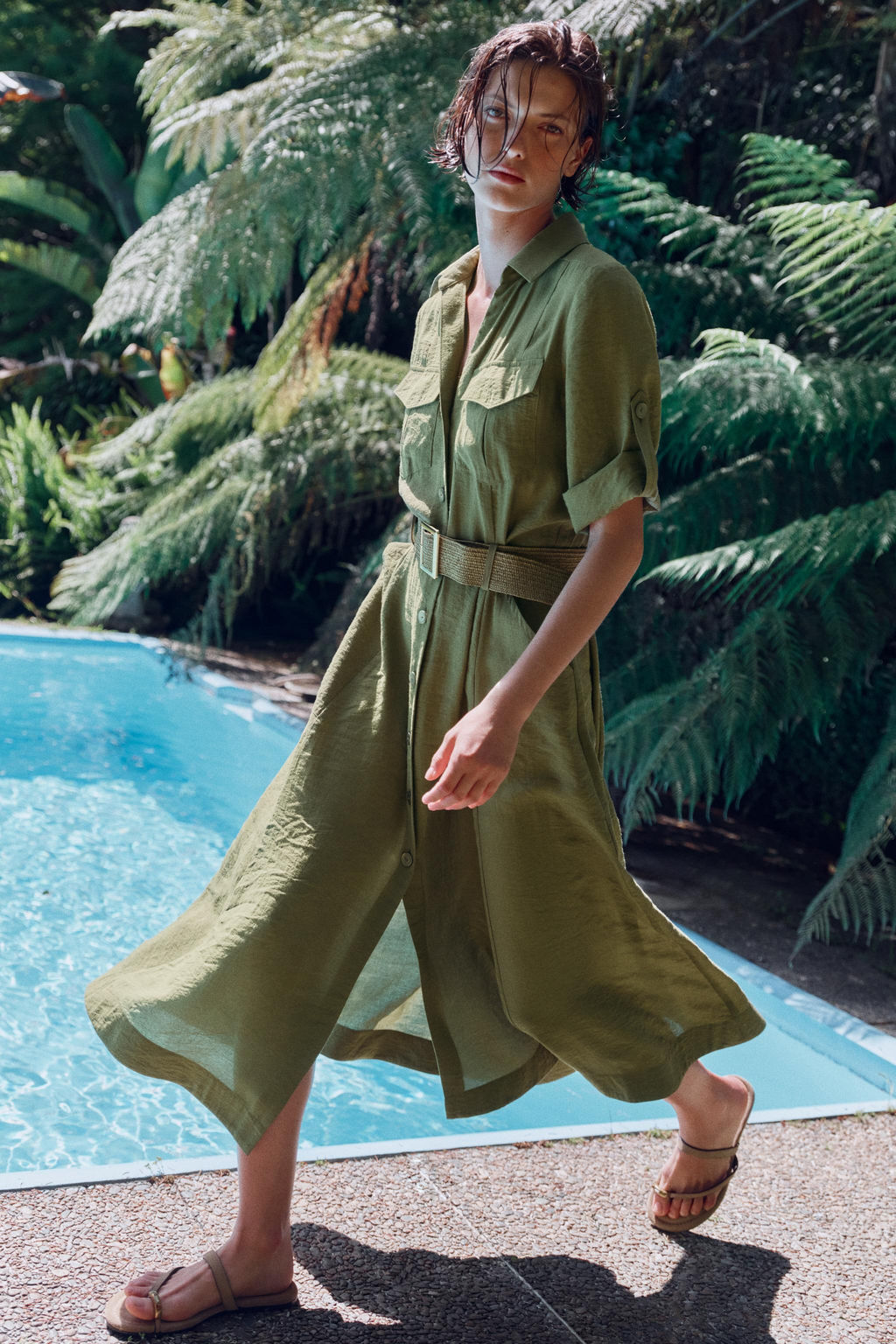 VESTIDO MIDI CAMISERO CINTUR?N / Khaki - Zara фото 3