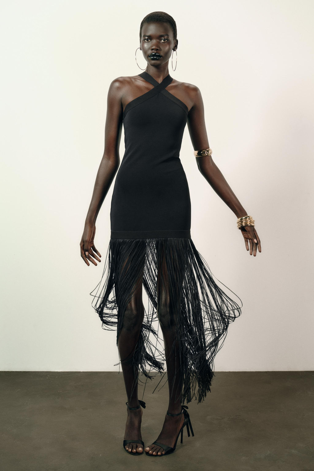 STRETCH LONG DRESS WITH FRINGING