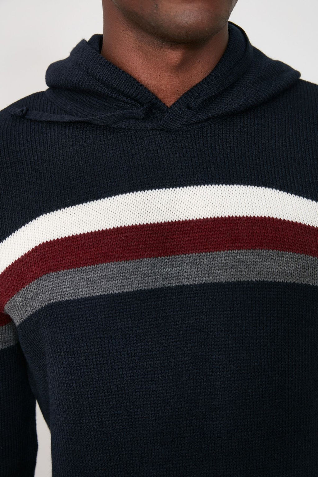 Lacivert Slim Dar Kesim Kapusonlu Cizgili Triko Kazak TMNAW21KZ0517