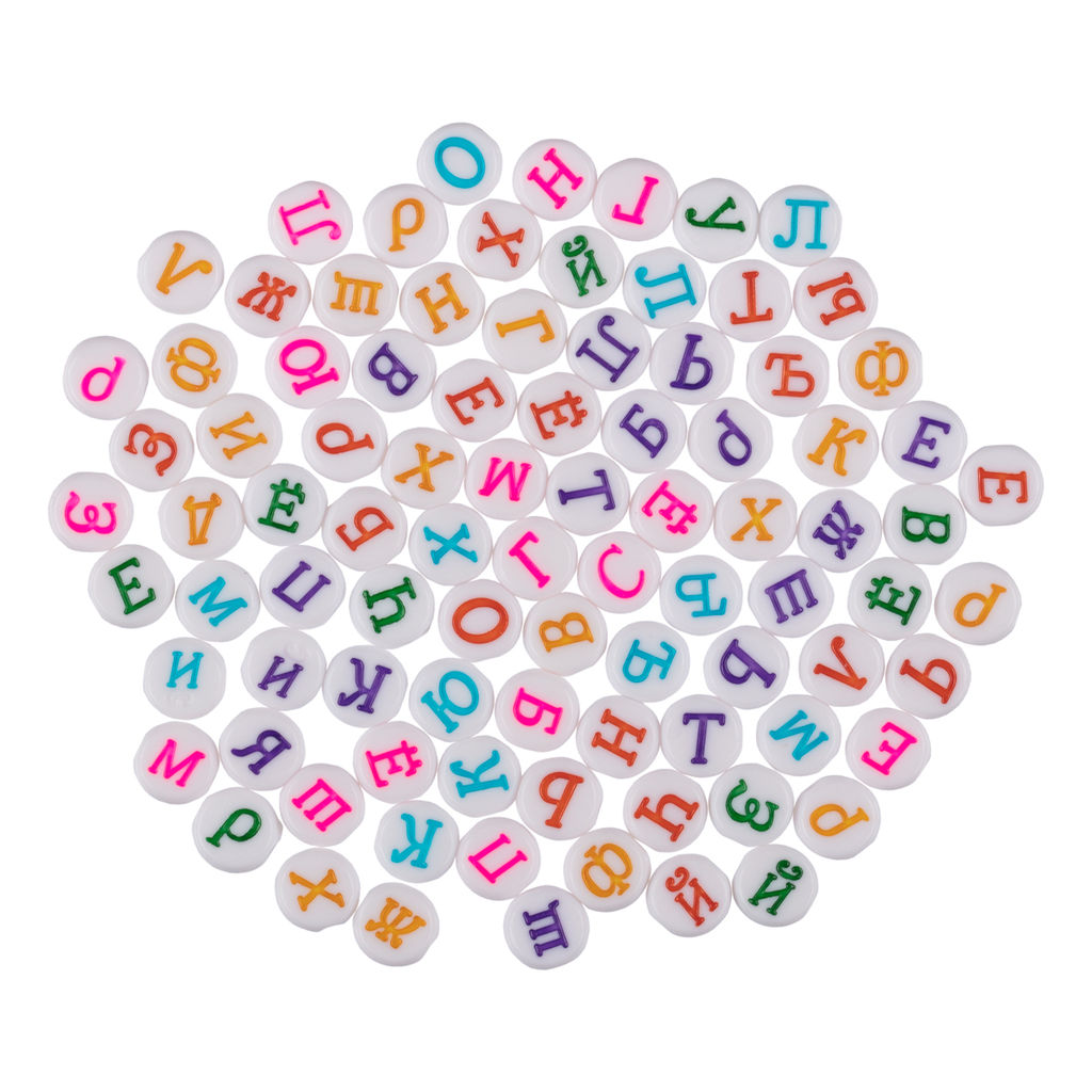 Бусина Hobbius пластик ABFA 4 х 7 мм 5 х 50 г №01 белые с цветными буквами русский алфавит