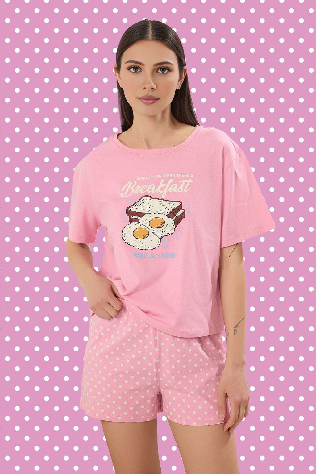 Pembe %100 Pamuklu Eglence Bask?l? Puantiyeli Sortlu Orme Pijama Tak?m? THMSS25PT00361