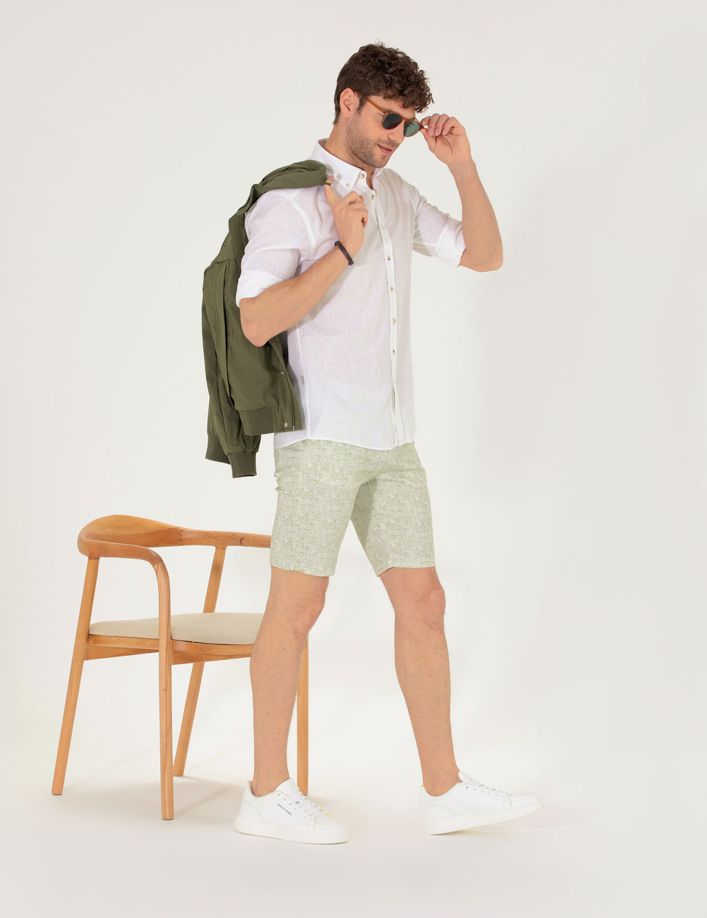 Haki Slim Fit Beli Lastikli Desenli Bermuda _ort