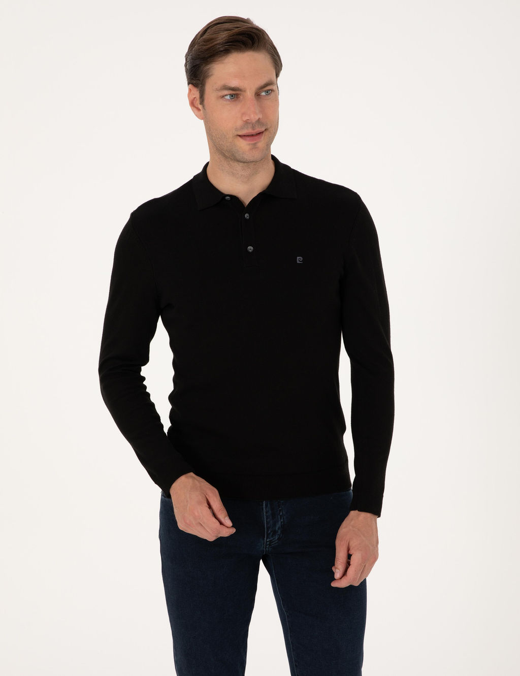Siyah Slim Fit Polo Yaka Basic Triko Kazak - Pierre cardin фото 3