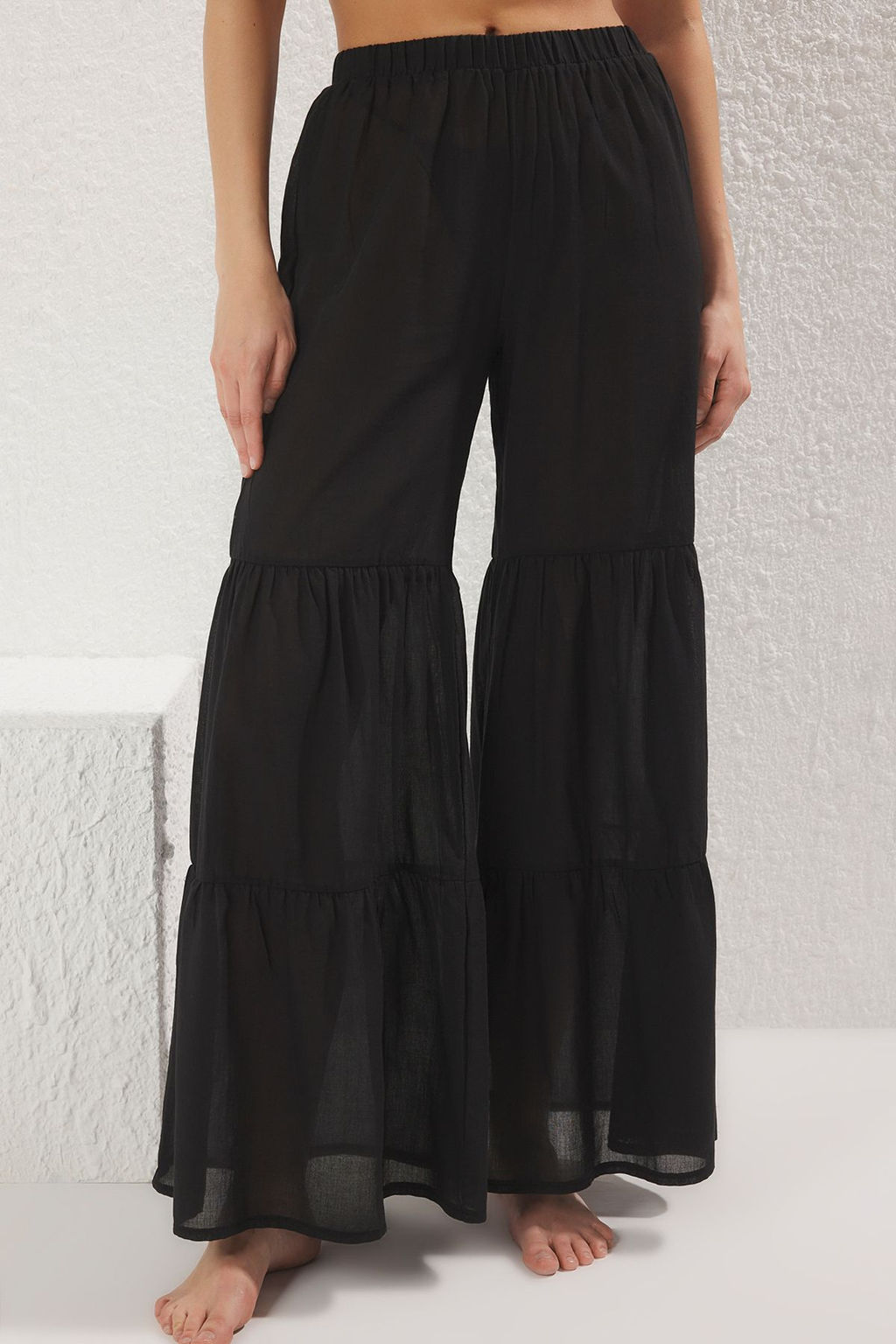 Siyah Dokuma Volanl? %100 Pamuk Maxi Plaj Yuksek Bel Pantolon TBESS25PL00003