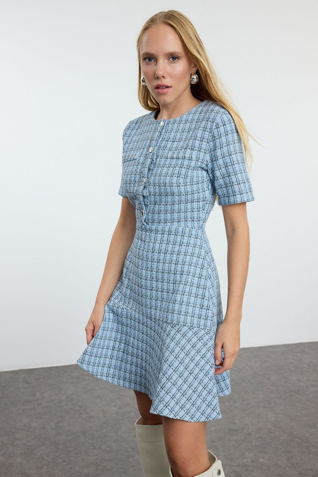 Indigo Etegi Belden Ac?lan Bisiklet Yaka Mini Tuvit Dokuma Elbise TWOAW25EL00280