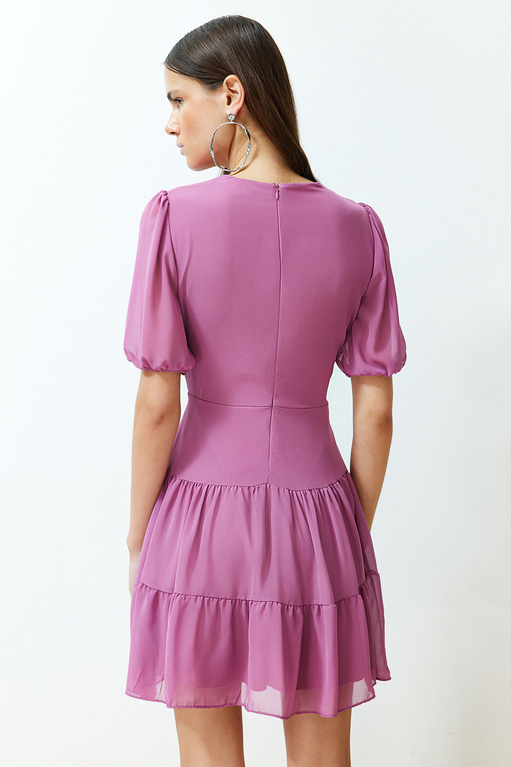 Pembe Belden Ac?lan Volanl? Sifon Astarl? Mini Dokuma Elbise TWOSS24EL00634 - Trendyolmilla фото 6