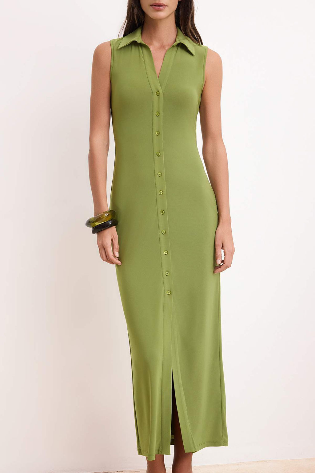 Yesil Duz Bodycon Gomlek Yaka Kolsuz Maxi Esnek Orme Elbise TWOSS26EL00265