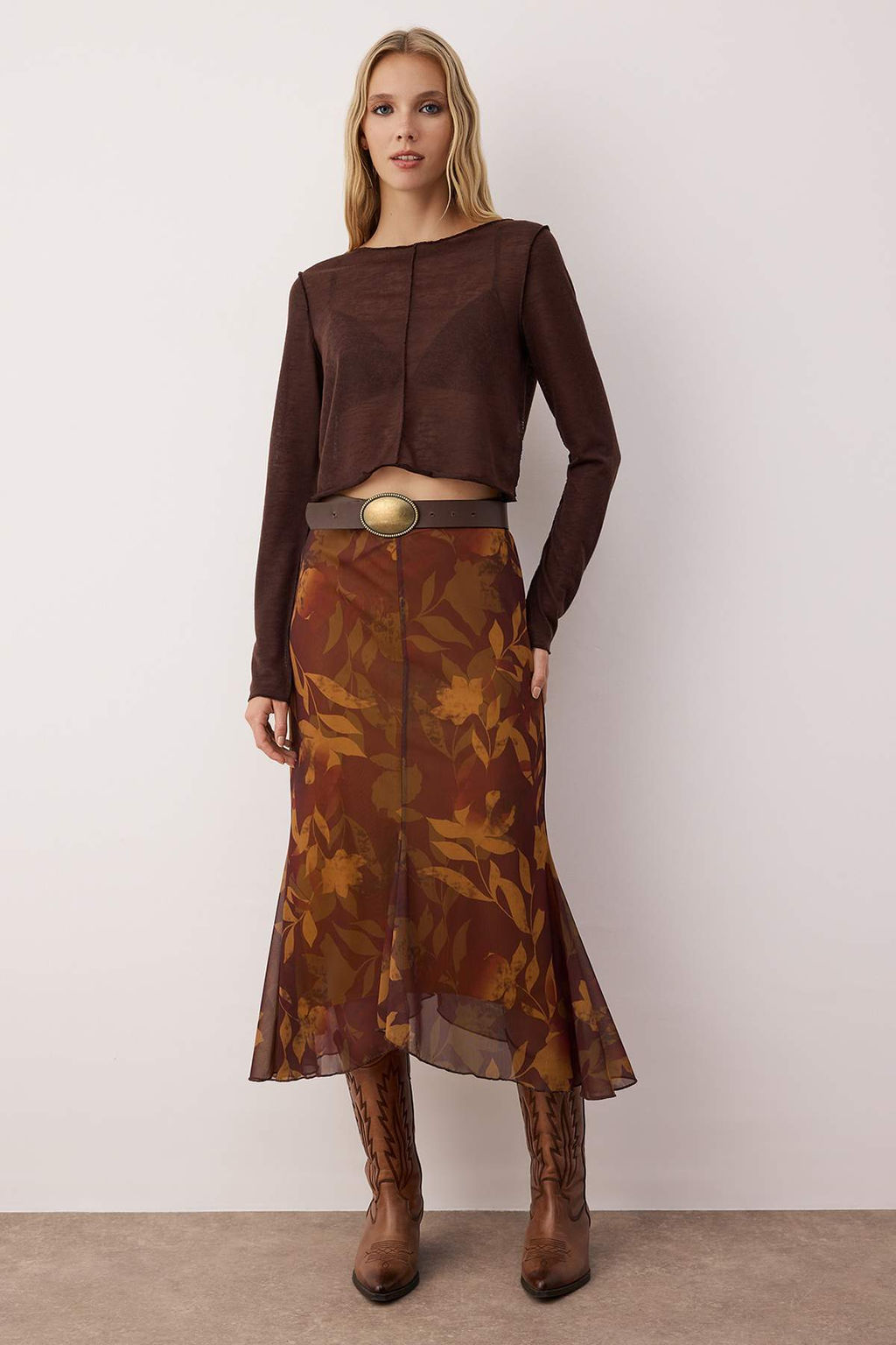 Cok Renkli Bask?l? Bodycon Tul Esnek Orme Etek TWOAW26ET00088