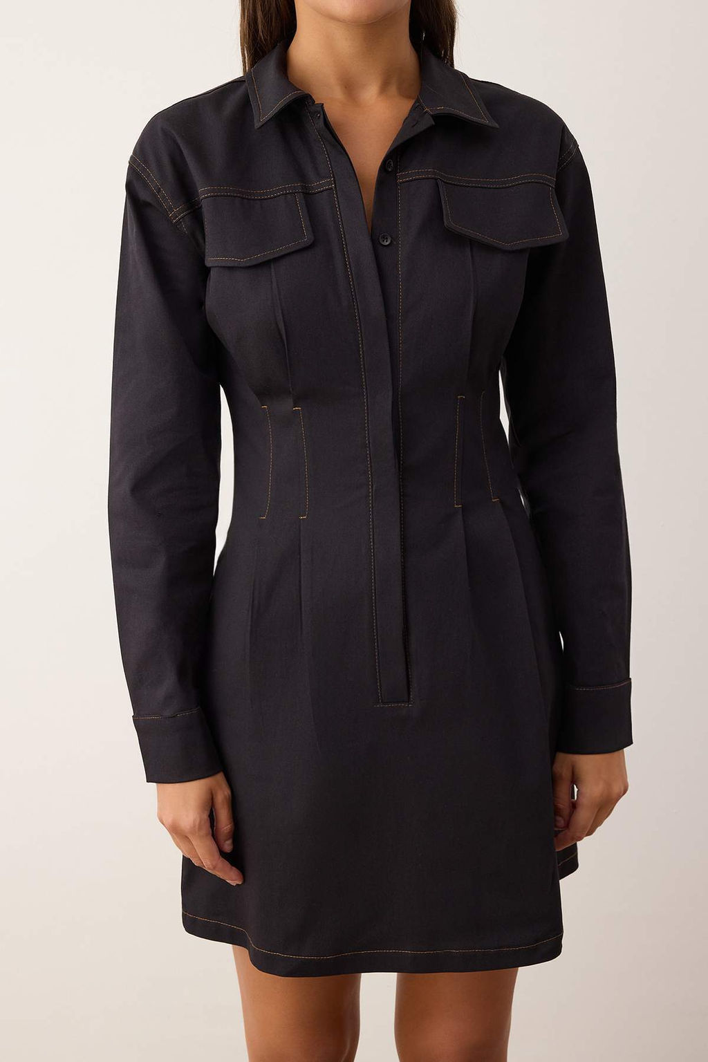 Lacivert Dikis Detayl? K?sa / Mini Dokuma Gomlek Elbise TWOAW26EL00178 - Trendyolmilla фото 3