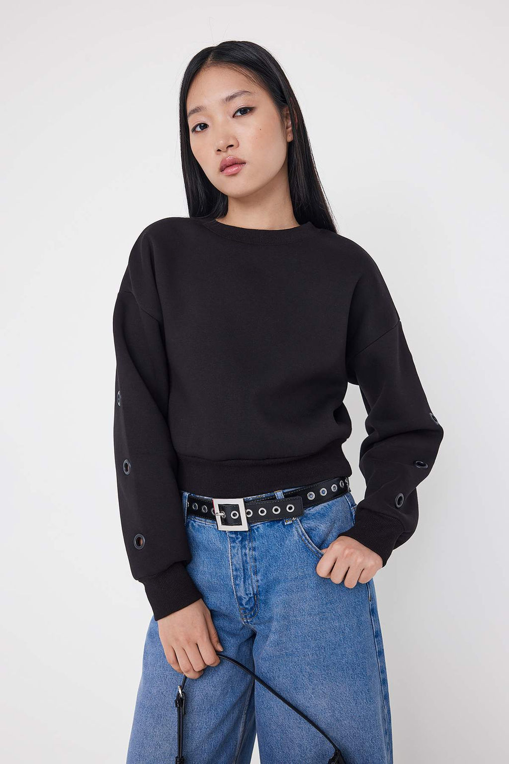 Teen Siyah Kus Gozu Detayl? Regular/Normal Kal?p Orme Sweatshirt TWOAW26SW00144 - Trendyolmilla фото 2