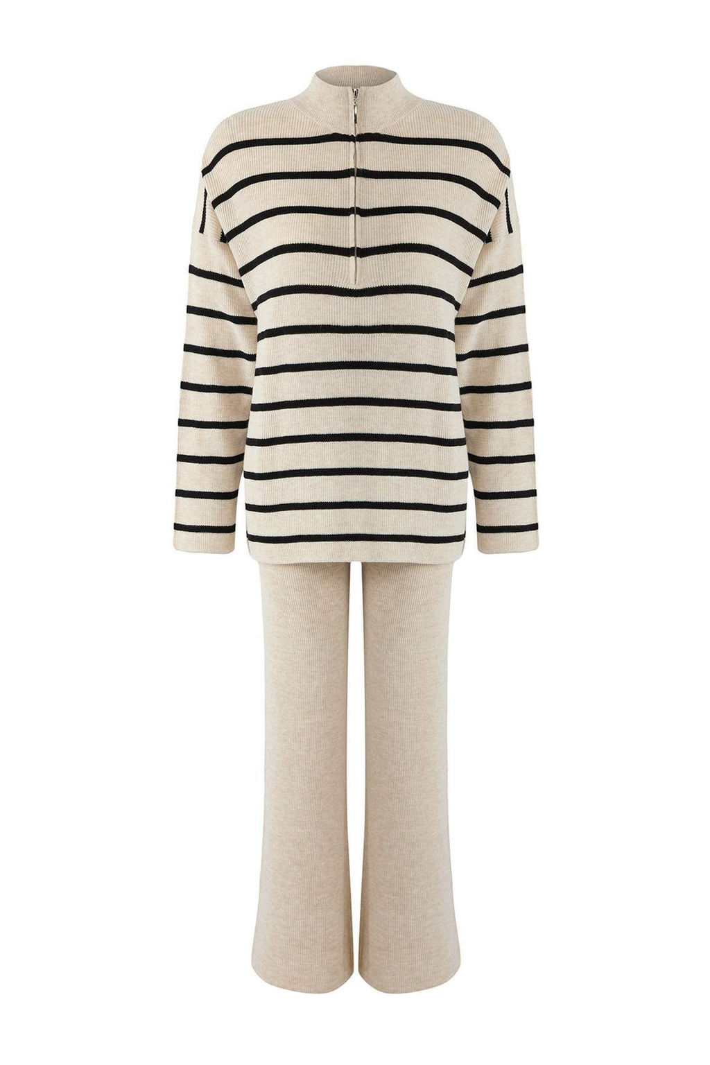 Ekru*001 Genis Kal?p Fermuarl? Cizgili Basic Triko Alt-Ust Tak?m TWOSS24AU00078 - Trendyolmilla фото 5