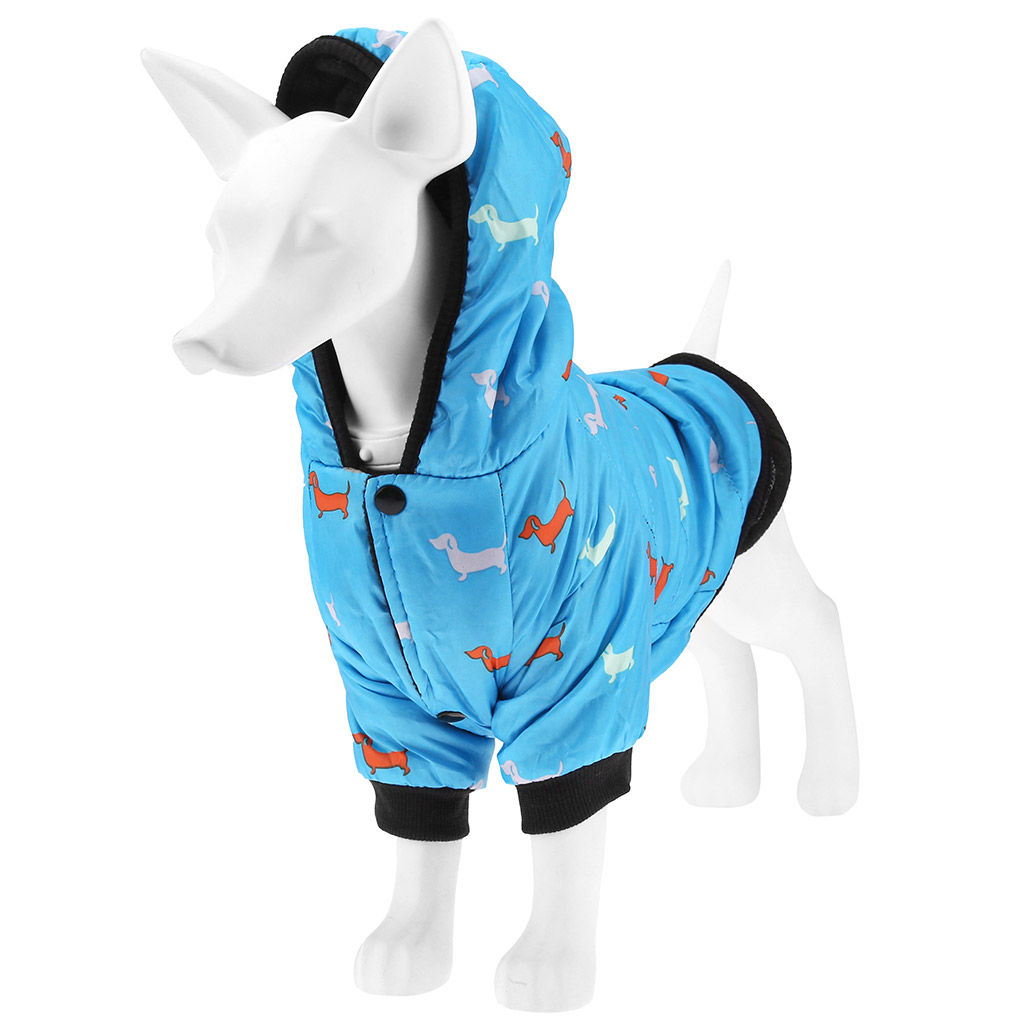 Пэт тойс (Pet toys) Одежда для собаки Куртка с капюшоном, с метал. кольцом, с принтом, на кнопках, р-р L, длина спинки 27см/обхват груди 38см/обхват шеи 32см, цвет-голубой, плащевка/синтепон/флис (100% полиэстер) (Китай) - Домашняя мода фото 4