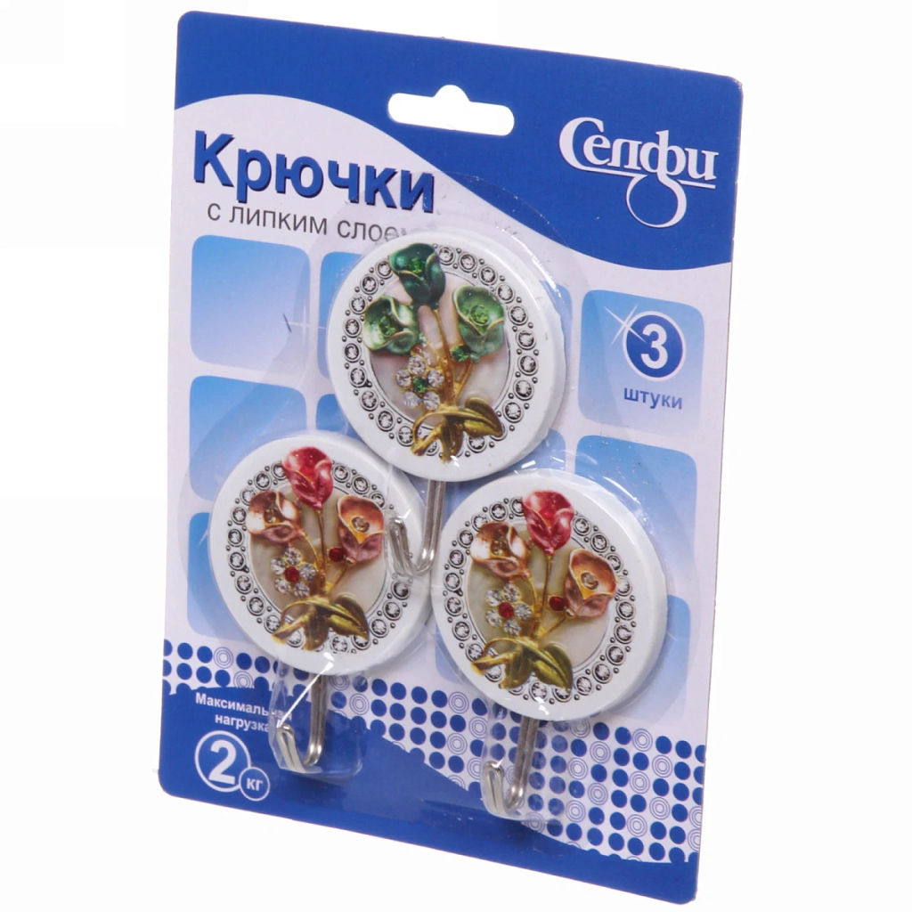 Цена за 6 шт. Крючки в наборе 3шт на липком слое "ИДЕЯДОМА", форма круг, принт цветы, нагрузка 2кг