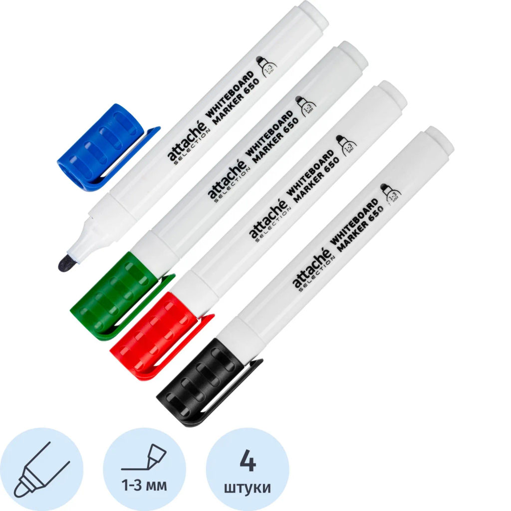 Набор маркеров для белых досок 650, 1-3 мм, кругл.нак., 4 цв - Attache фото 2