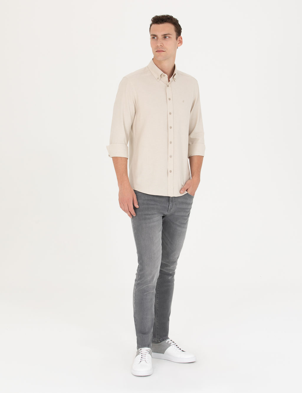 Bej Slim Fit Uzun Kollu G_mlek