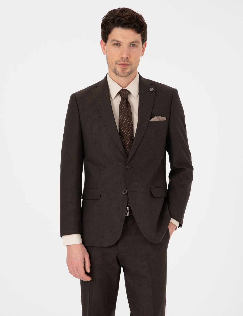 Kahverengi Slim Fit _izgili Tak_m Elbise