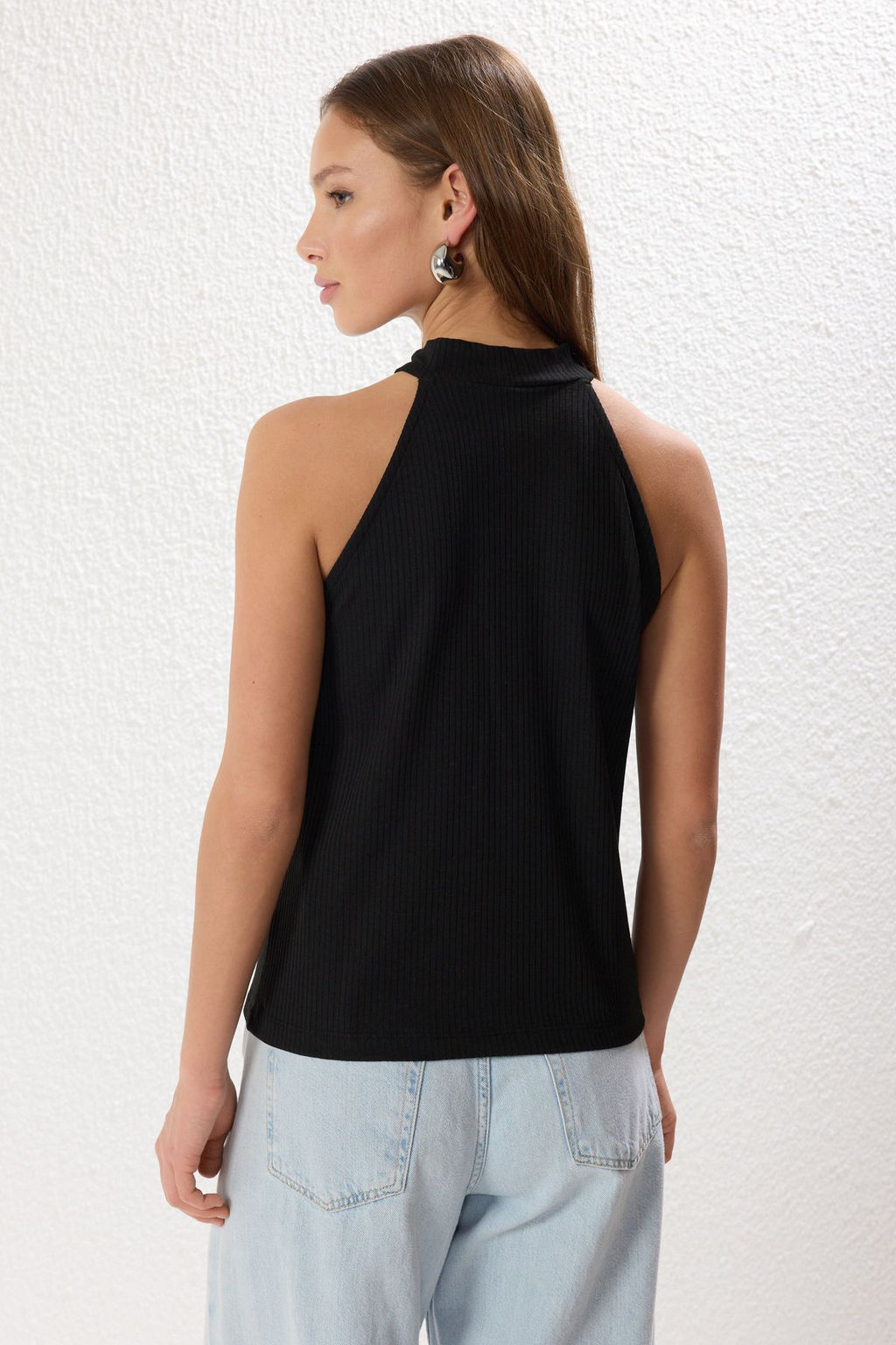 Siyah Regular/Normal Kal?p Halter Yaka Esnek Orme Atlet TWOSS25AL00021