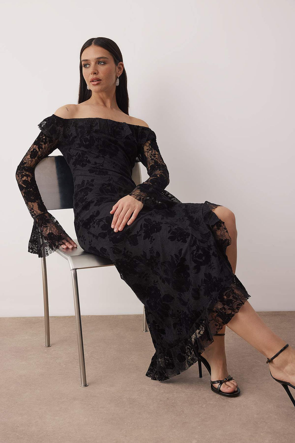 Siyah F?rf?rl? Flok Tul Bask?l? Maxi Astarl? Elbise TPRAW26EL00083 - Trendyolmilla фото 2