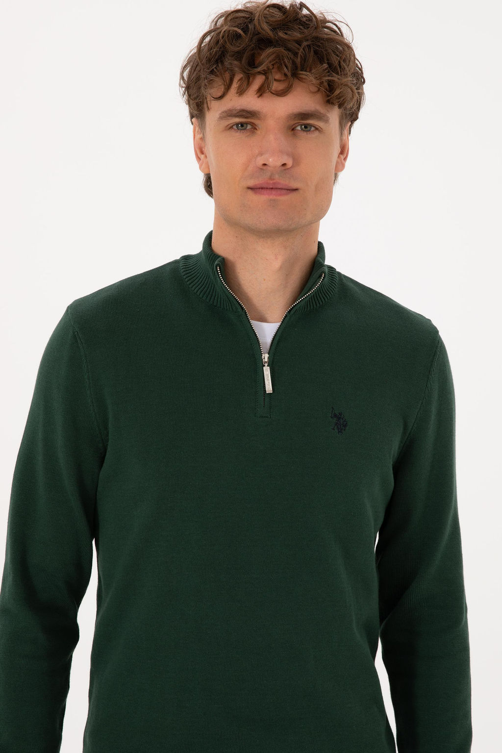Erkek Slim Fit Yar_m Fermuarl_ Koyu Ye_il Basic Kazak - U.s. polo assn фото 2