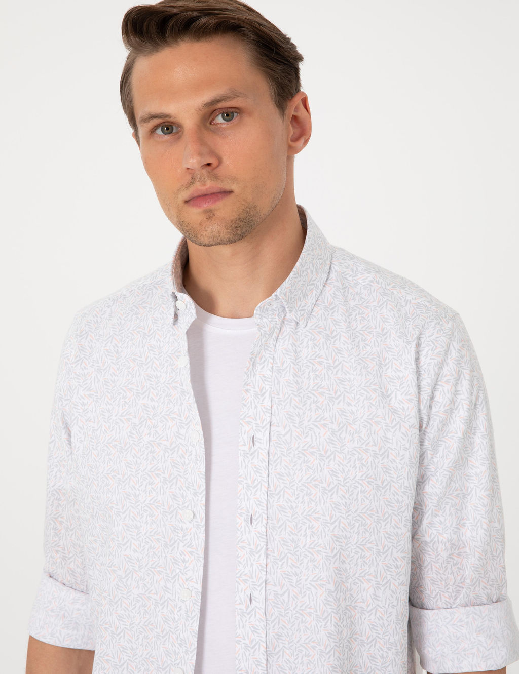Beyaz Desen Bask_l_ Slim Fit Uzun Kollu G_mlek