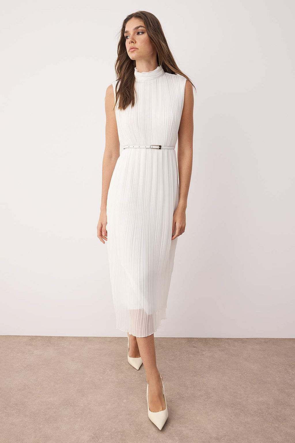 TRENDYOLMILLA Bordo Kemerli Duz Kesim Piliseli Midi Astarl? Sifon Dokuma Elbise TWOSS25EL00118  фото 19