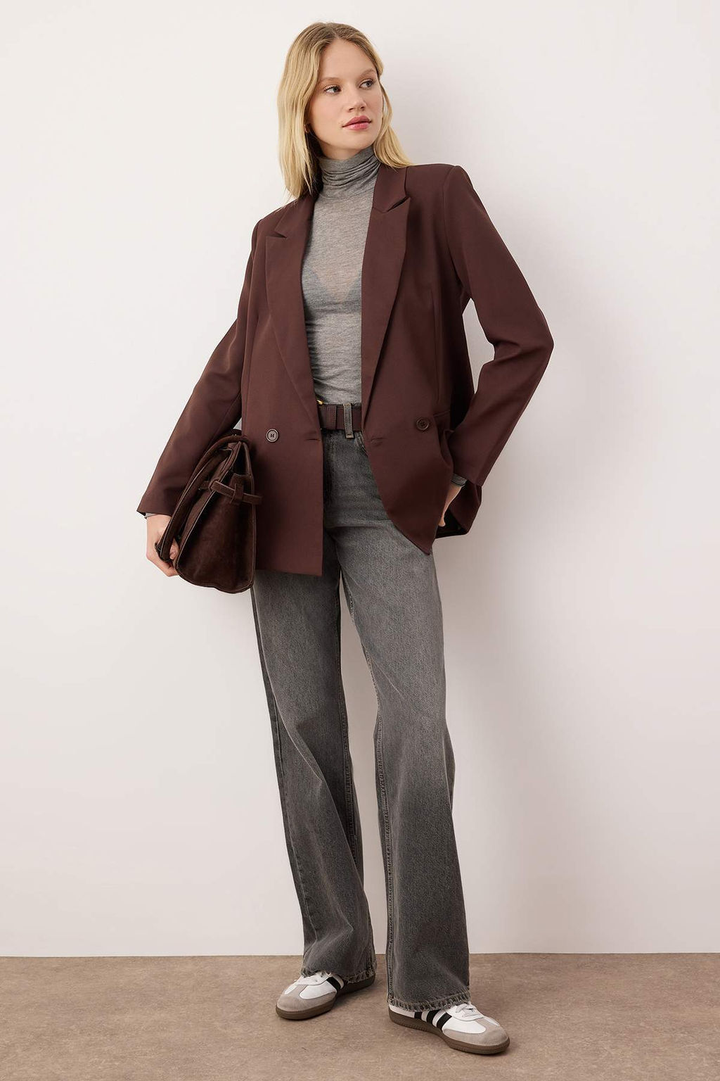 Kahverengi Regular Astarl? Kruvaze Kapama Dokuma Blazer Ceket TWOSS20CE0059