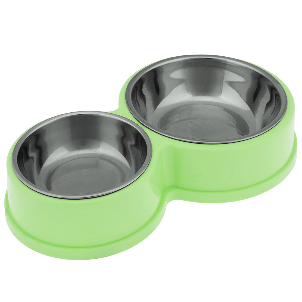 Пэт тойс (Pet toys) Миска для кормления животных из нержавеющей стали Кузя 0,2л/0,4л, д10,8см h3,1см/д14см h3,9см, 2 штуки на пластмассовой подставке 27,7х17см h5см, прорезиненные ножки, цвета в ассортименте: розовый, салатовый, бирюзовый (Китай)  фото 2