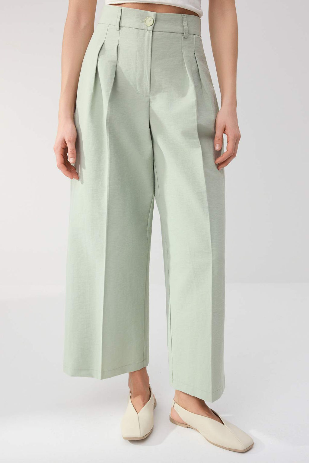 Trendyolmilla Wardrobe Essentials  Ac?k Haki Gabardin Crop Wide Leg Pantolon | TWOSS26PL00024  фото 3